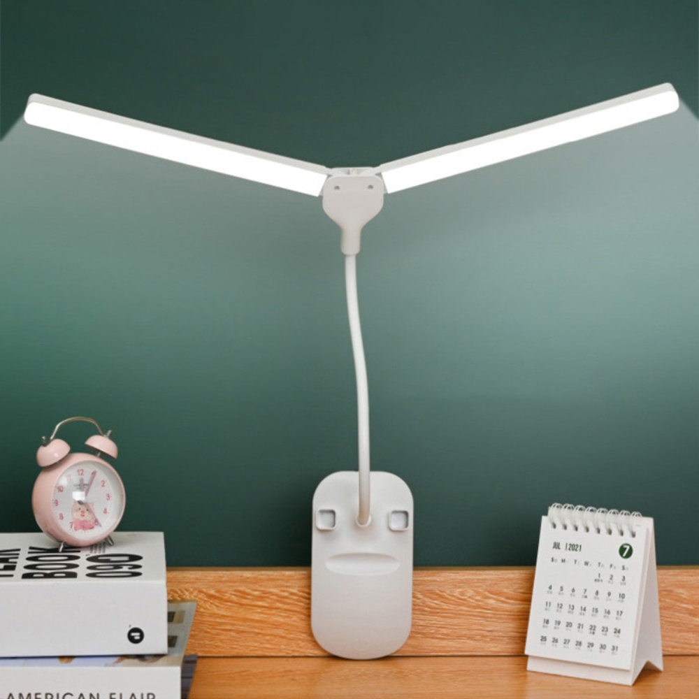 Настольная USB LED лампа гибкая, двойная с аккумулятором и прищепкой белая