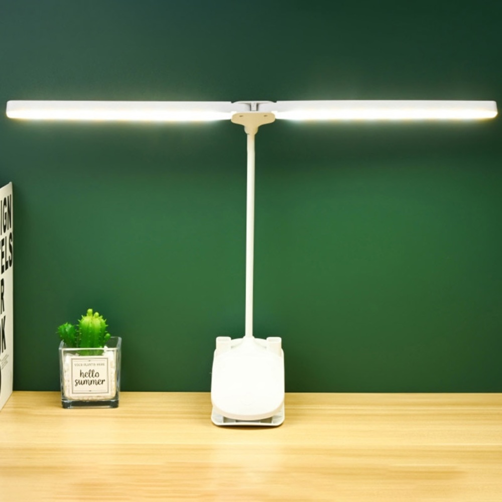 Настольная USB LED лампа гибкая, двойная с аккумулятором и прищепкой белая