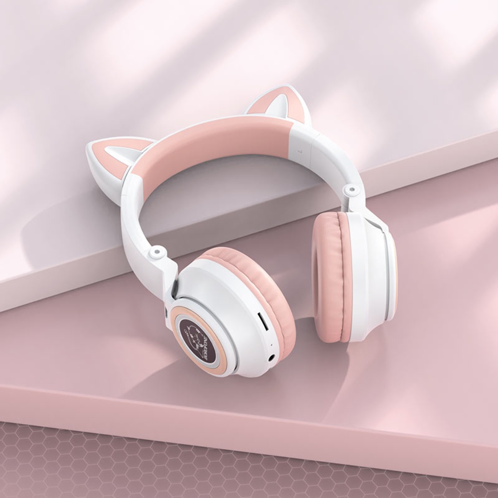 Беспроводные наушники Borofone BO18 Cat Ear накладные с ушками и LED подсветкой white
