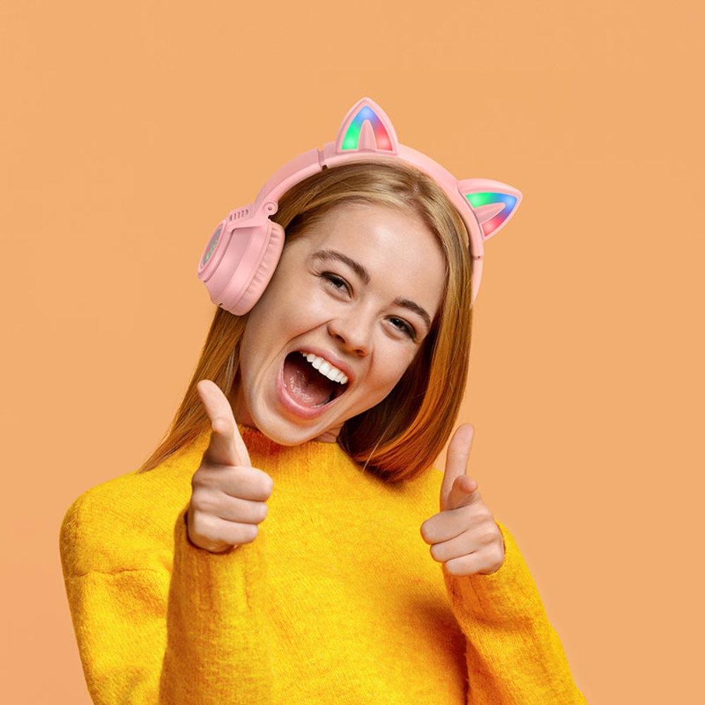 Беспроводные наушники Borofone BO18 Cat Ear накладные с ушками и LED подсветкой pink