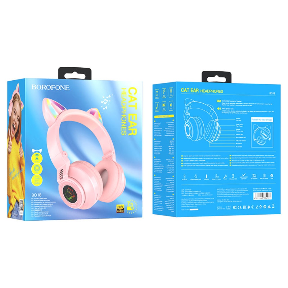 Беспроводные наушники Borofone BO18 Cat Ear накладные с ушками и LED подсветкой pink