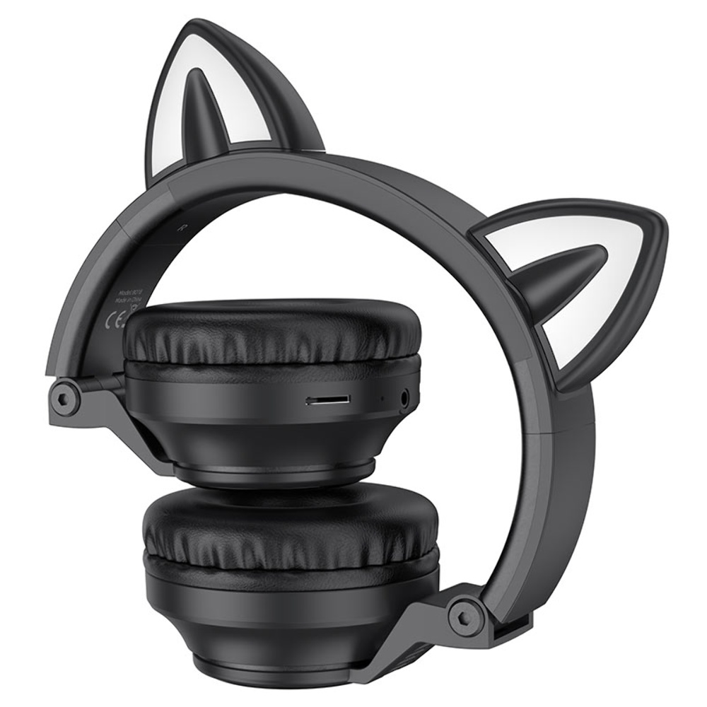Беспроводные наушники Borofone BO18 Cat Ear накладные с ушками и LED подсветкой black