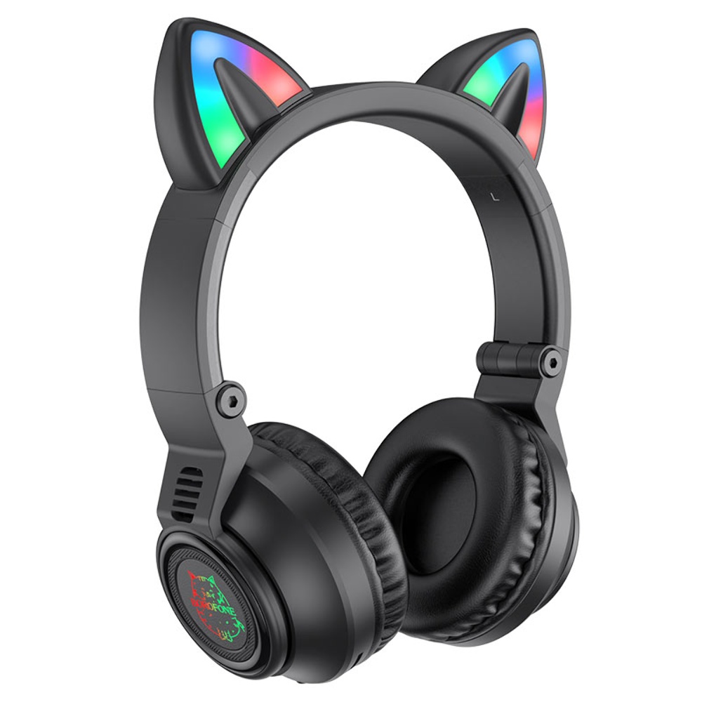 Беспроводные наушники Borofone BO18 Cat Ear накладные с ушками и LED подсветкой black