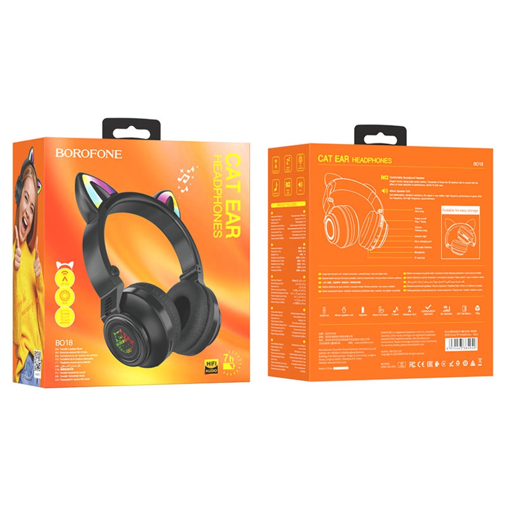 Беспроводные наушники Borofone BO18 Cat Ear накладные с ушками и LED подсветкой black