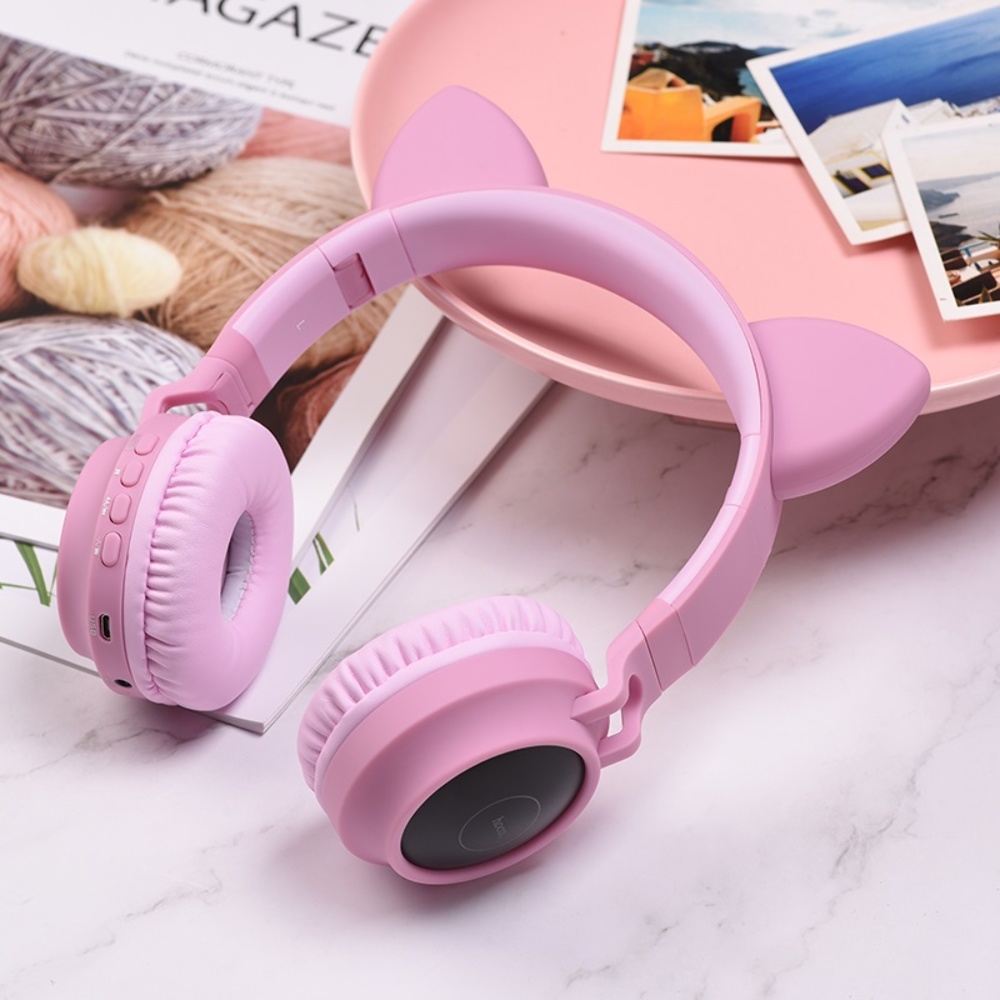 Беспроводные наушники Hoco W27 Cat Ear накладные с ушками и LED подсветкой pink