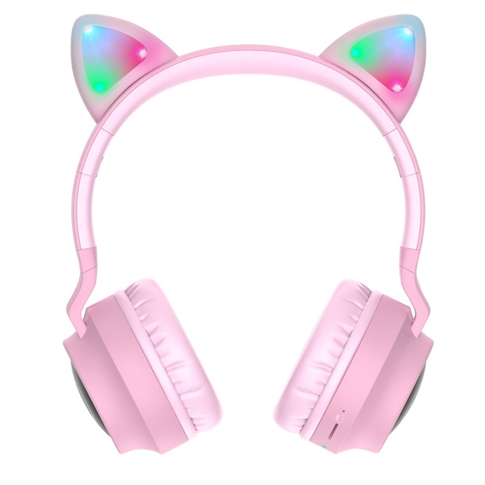Беспроводные наушники Hoco W27 Cat Ear накладные с ушками и LED подсветкой pink