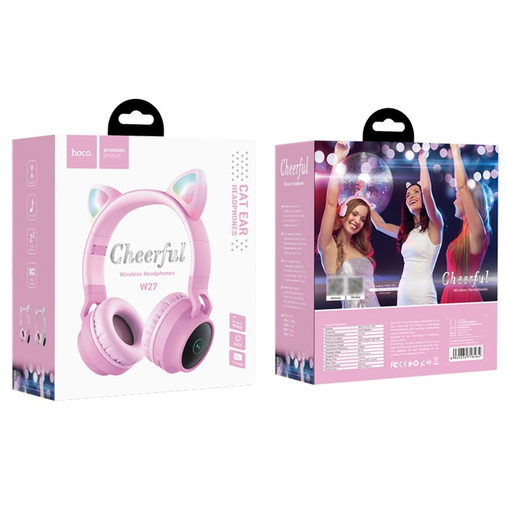 Беспроводные наушники Hoco W27 Cat Ear накладные с ушками и LED подсветкой pink