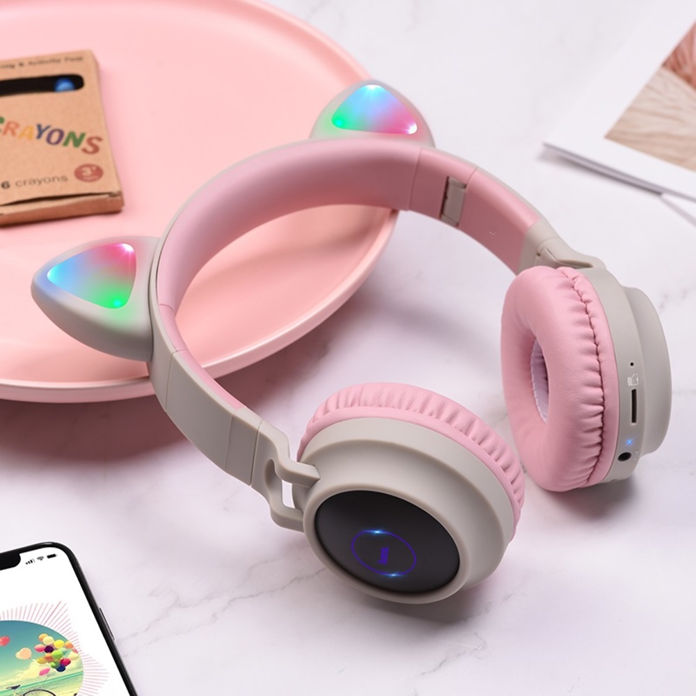 Беспроводные наушники Hoco W27 Cat Ear накладные с ушками и LED подсветкой gray