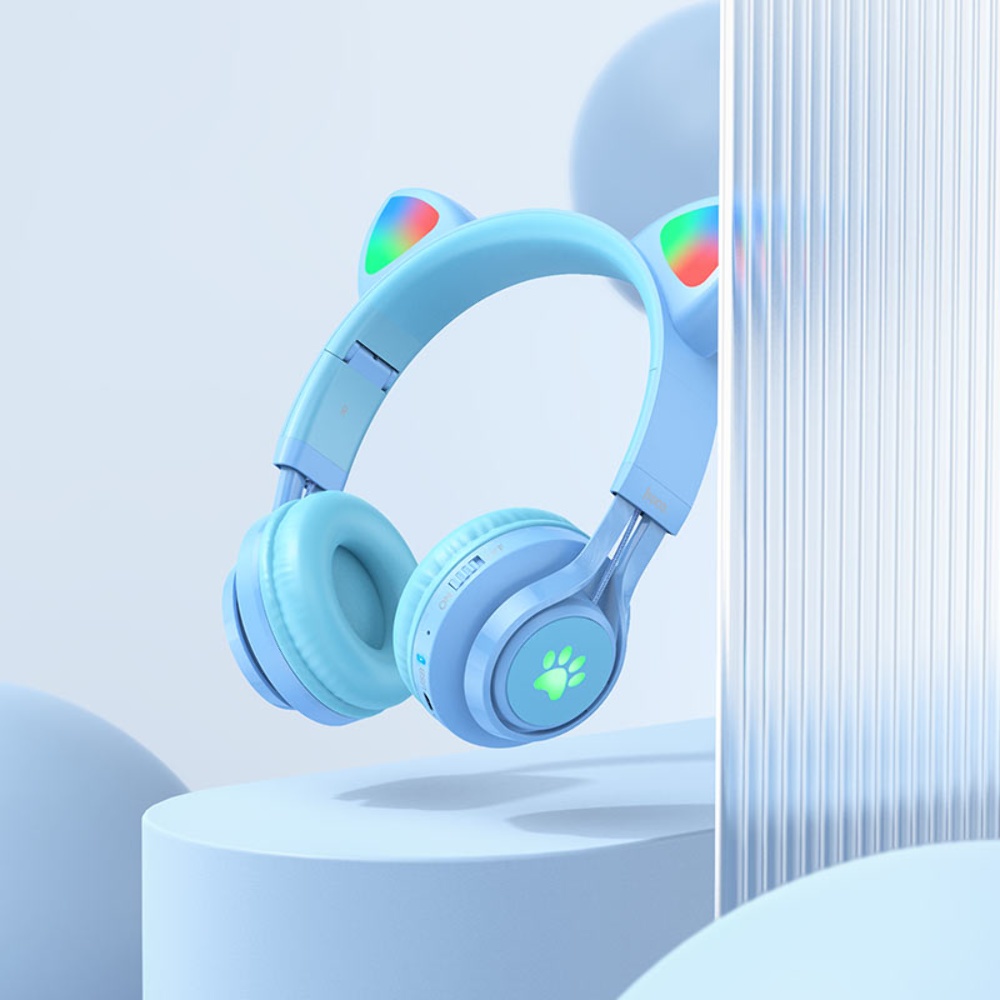 Беспроводные наушники Hoco W39 Cat Ear накладные с ушками и LED подсветкой blue