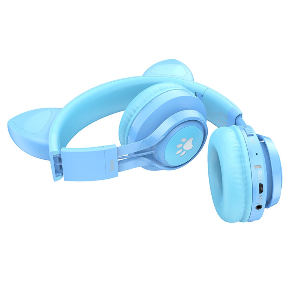 Беспроводные наушники Hoco W39 Cat Ear накладные с ушками и LED подсветкой blue