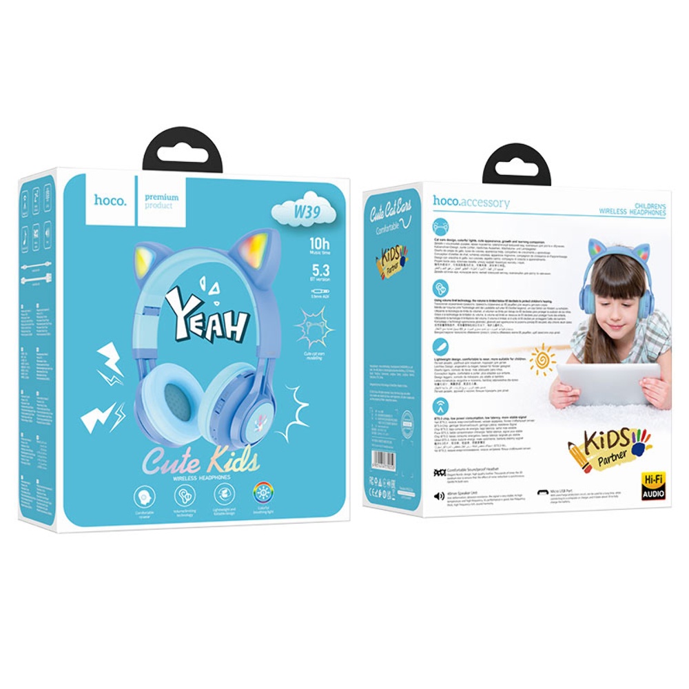 Беспроводные наушники Hoco W39 Cat Ear накладные с ушками и LED подсветкой blue