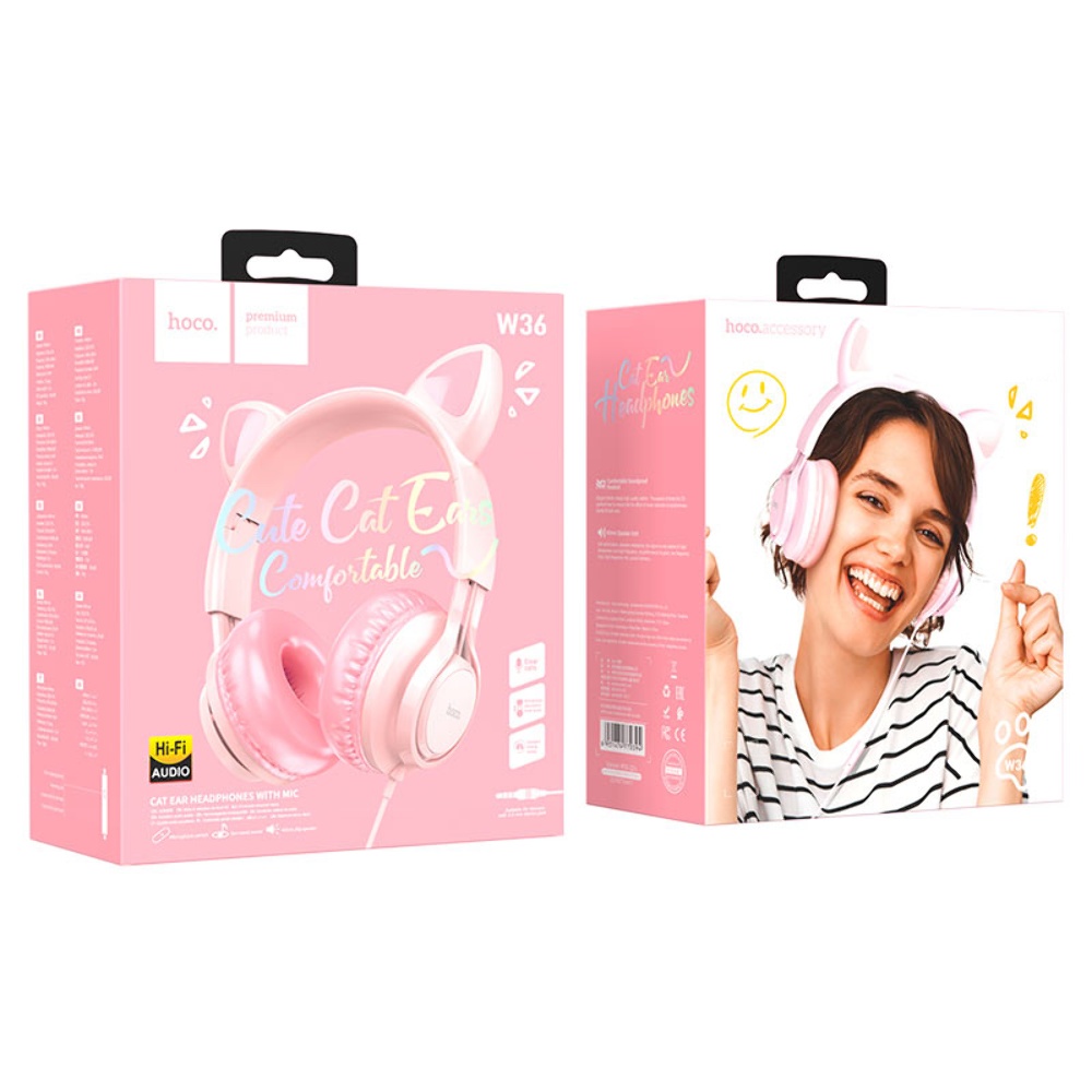 Наушники накладные Hoco W36 Cat Ear с ушками Jack 3.5 pink