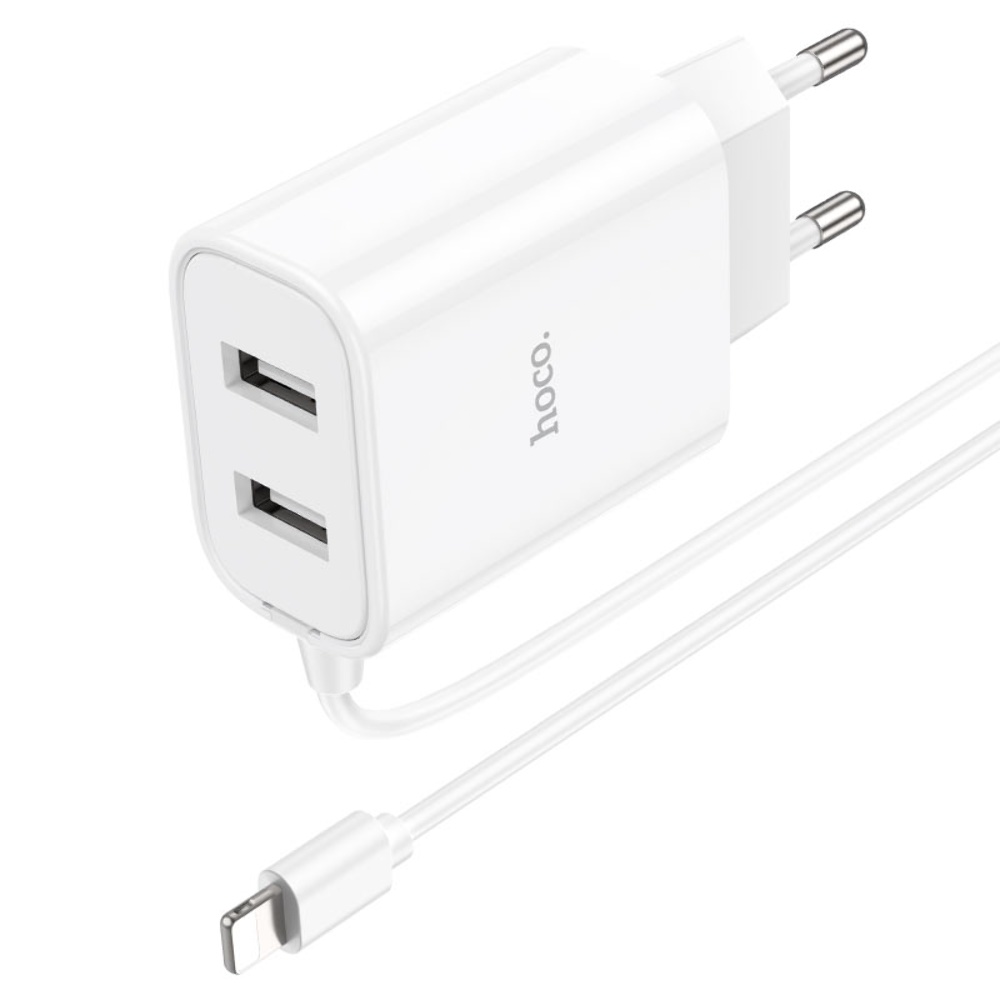 Сетевое зарядное устройство Hoco C103A 2 USB белое с кабелем Lightning