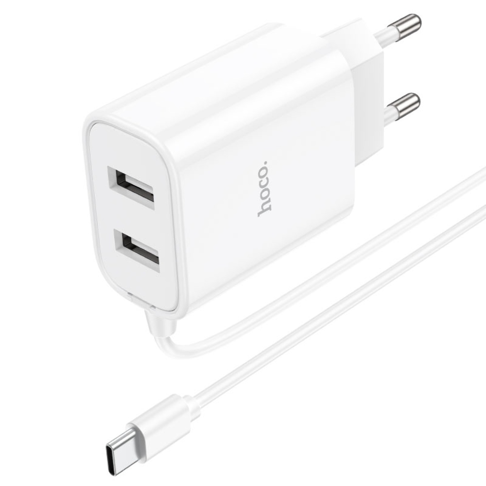 Сетевое зарядное устройство Hoco C103A 2 USB белое с кабелем Type-C
