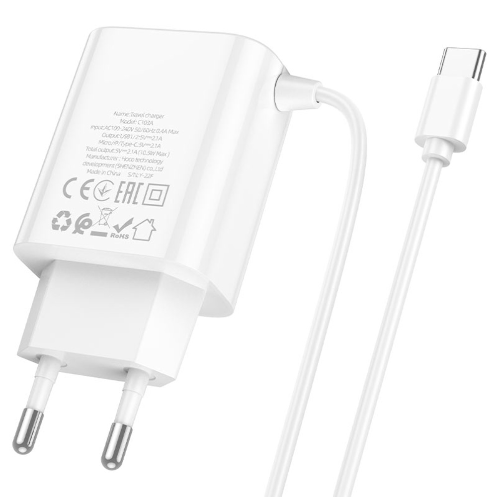 Сетевое зарядное устройство Hoco C103A 2 USB белое с кабелем Type-C