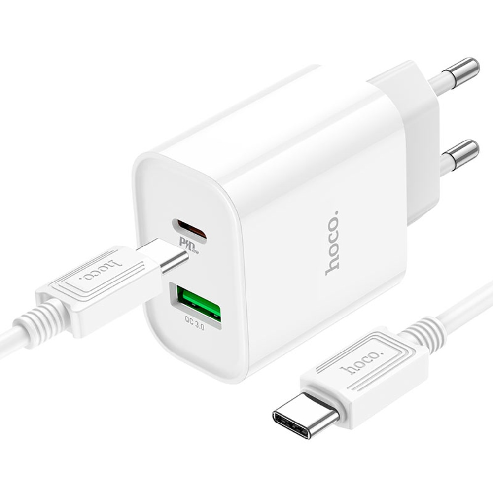 Сетевое зарядное устройство Hoco C80A Plus USB/ Type-C QC PD 20W белое + кабель Type-C to Type-C