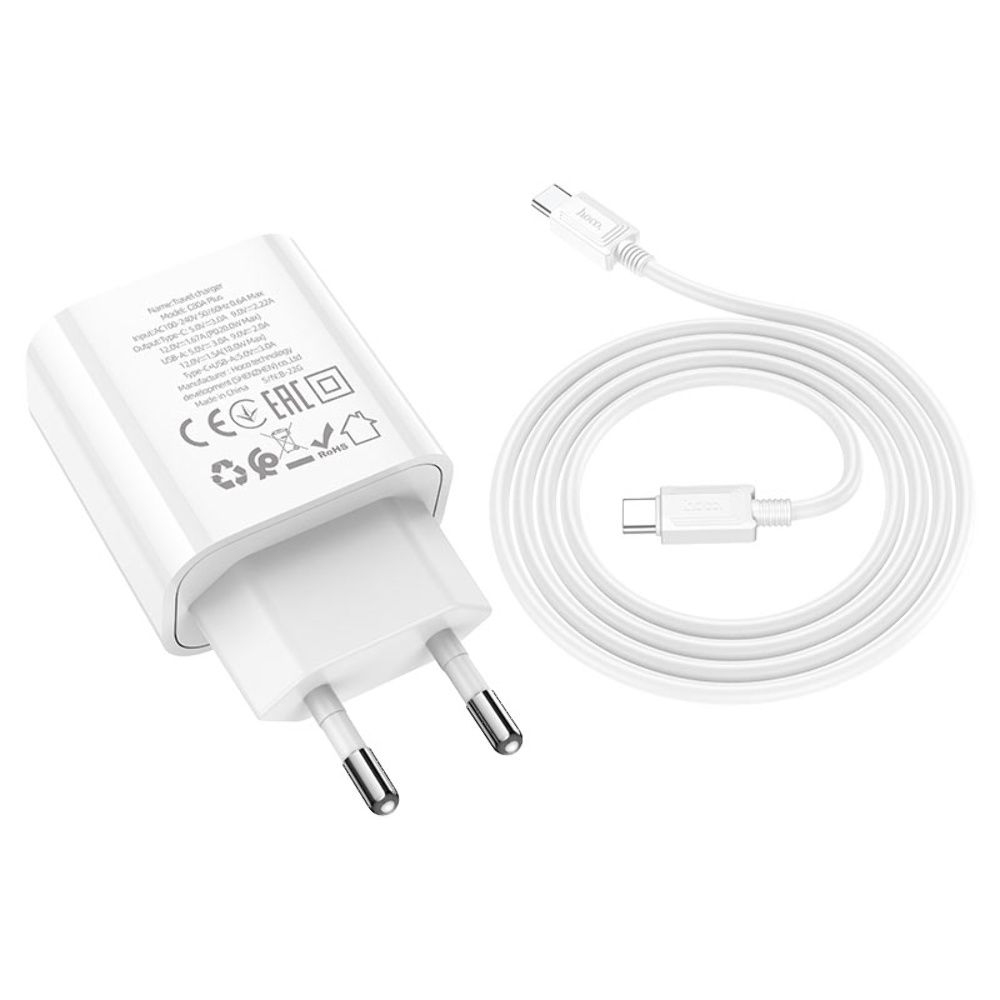 Сетевое зарядное устройство Hoco C80A Plus USB/ Type-C QC PD 20W белое + кабель Type-C to Type-C