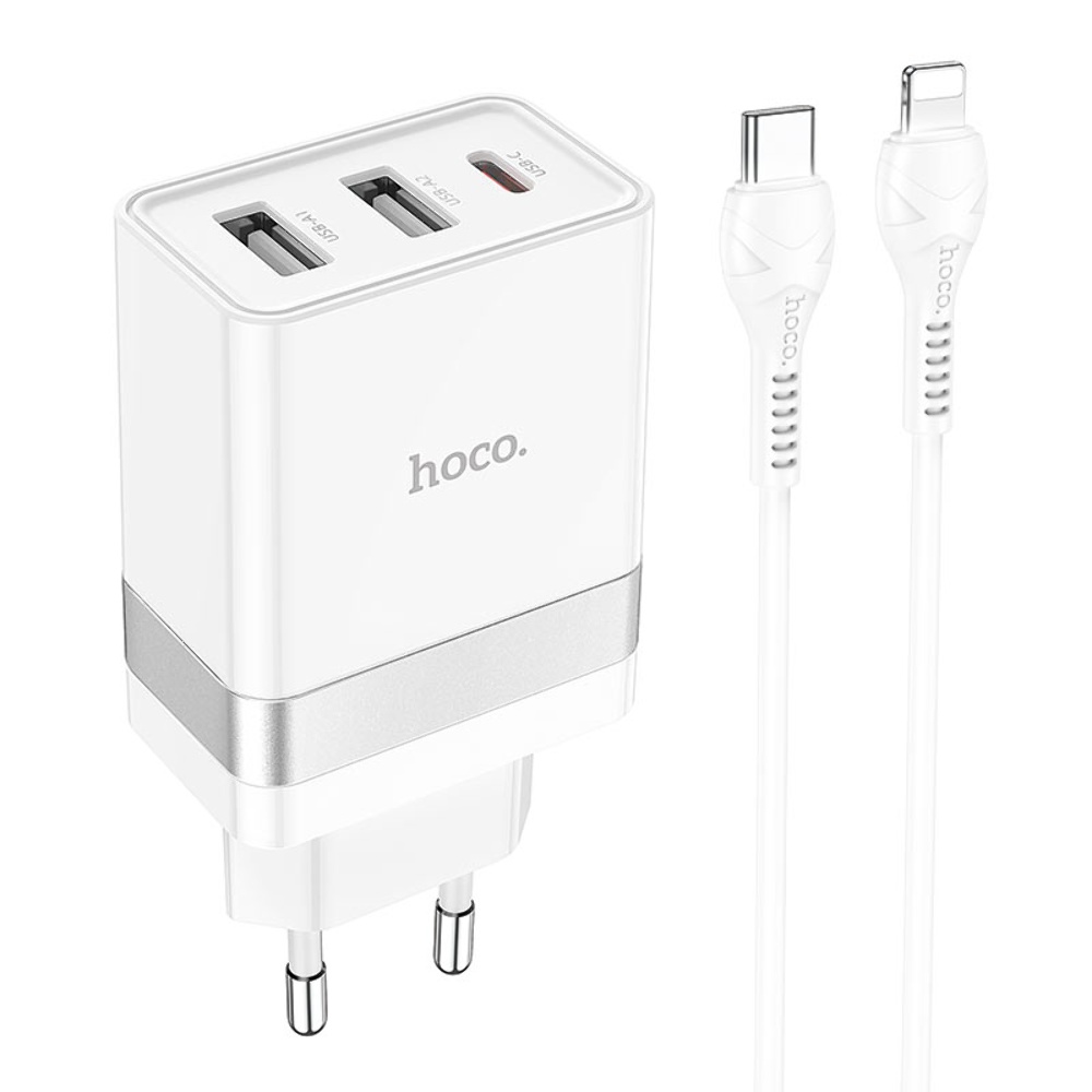 Сетевое зарядное устройство Hoco N21 Pro 2 USB/ Type-C PD 30W белое + кабель Type-C to Lightning