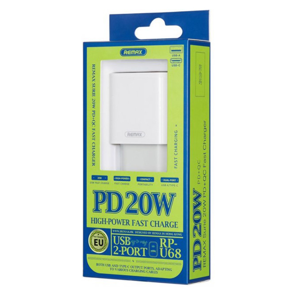 Сетевое зарядное устройство Remax RP-U68 USB/ Type-C QC PD белое