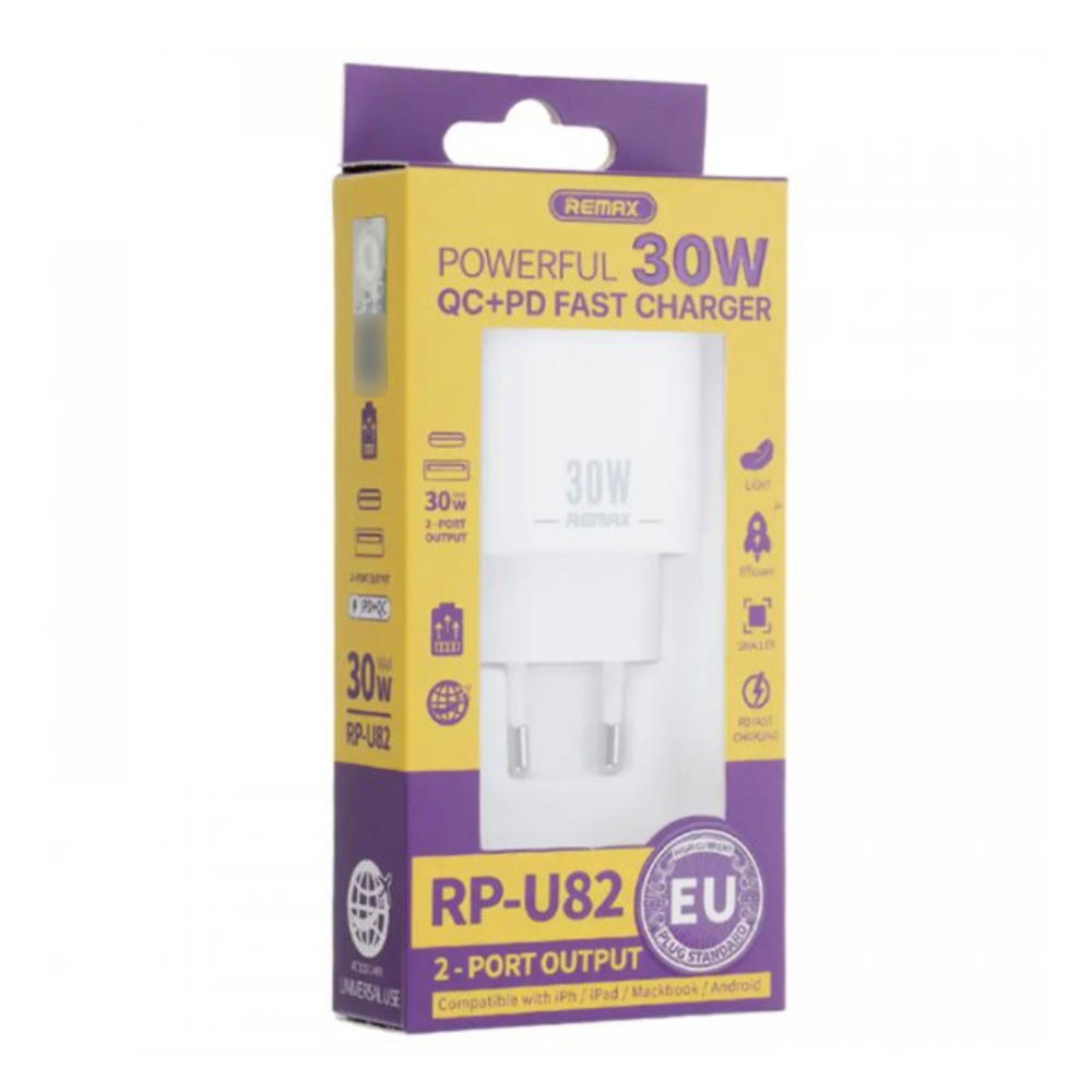 Сетевое зарядное устройство Remax RP-U82 USB/ Type-C QC PD 30W белое