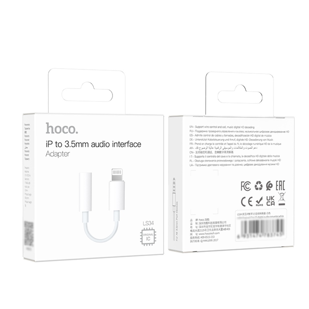 Адаптер переходник Hoco LS34 аудио конвертер Lightning to Jack 3.5 (F) 0.08m белый