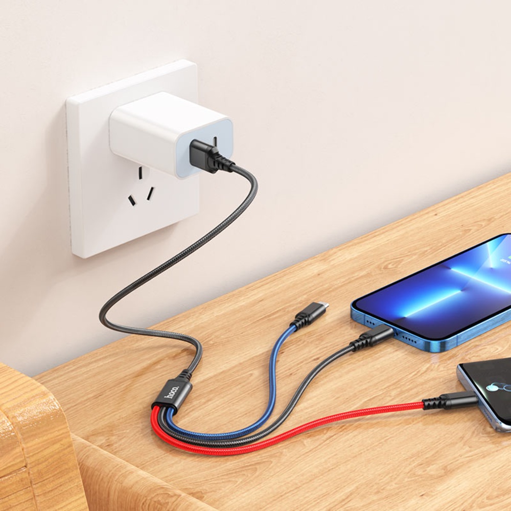 Кабель Hoco X76 3в1 USB to Lightning/ Type-C/ MicroUSB 1m black red blue