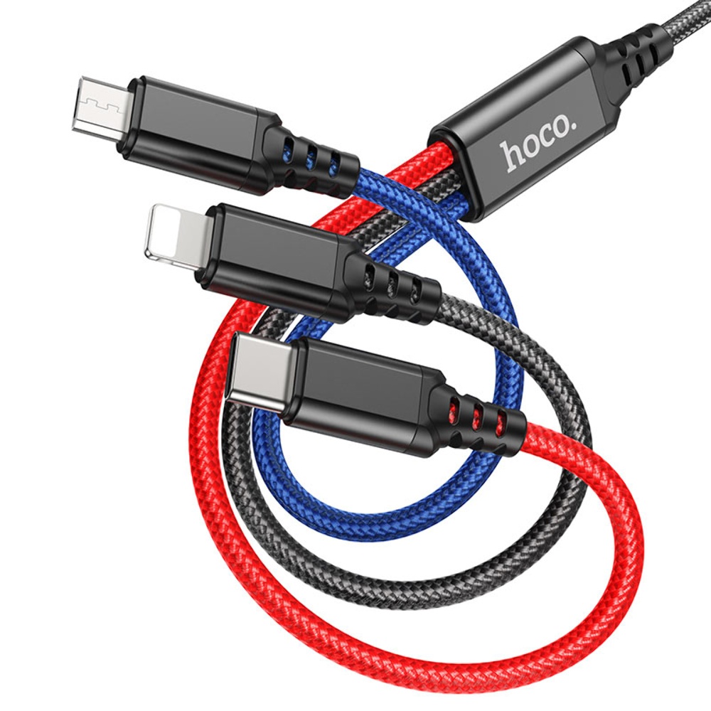 Кабель Hoco X76 3в1 USB to Lightning/ Type-C/ MicroUSB 1m black red blue