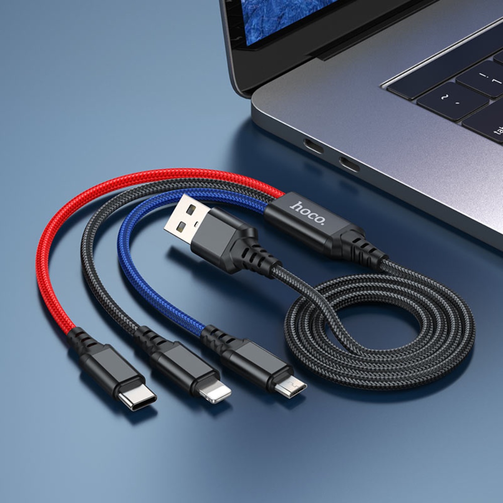 Кабель Hoco X76 3в1 USB to Lightning/ Type-C/ MicroUSB 1m black red blue