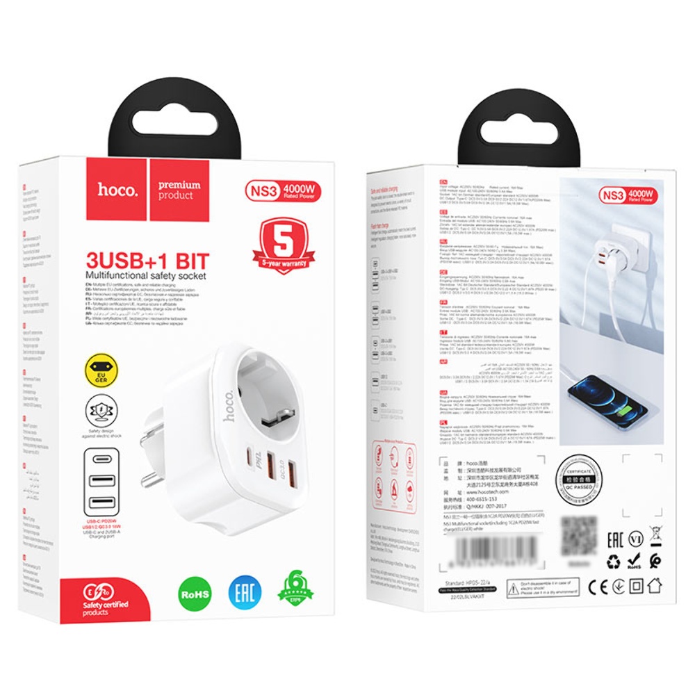 Сетевое зарядное устройство переходник Hoco NS3 USB/ 2 Type-C QC PD 20W 1 розетка белое