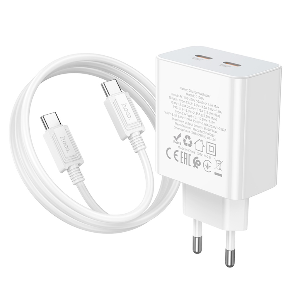 Сетевое зарядное устройство Hoco C108A 2 Type-C PD 35W белое + кабель Type-C to Type-C