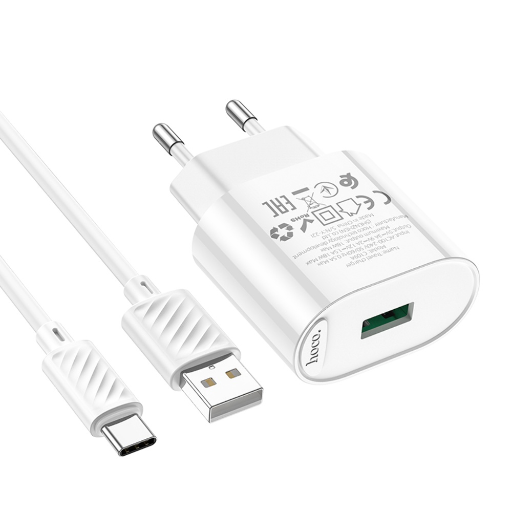 Сетевое зарядное устройство Hoco C109A USB QC 18W белое + кабель USB to Type-C