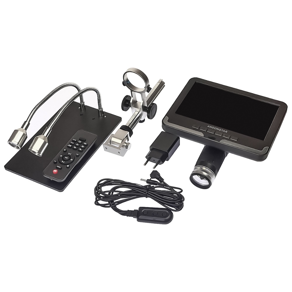 Цифровой микроскоп с монитором 7" и штативом Andonstar AD206 (запись на microSD, фокус 20-170 мм, кратность увеличения 800X, подсветка, пульт ДУ, 5V)