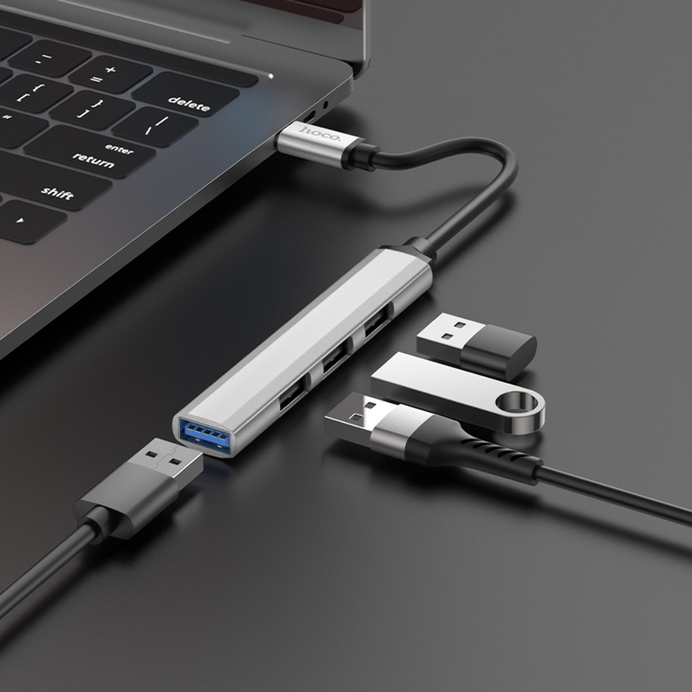 Мультиадаптер хаб Hoco HB26 4в1 Type-C to USB 3.0 (F)/ 3 USB 2.0 (F) 0.13m серебристый