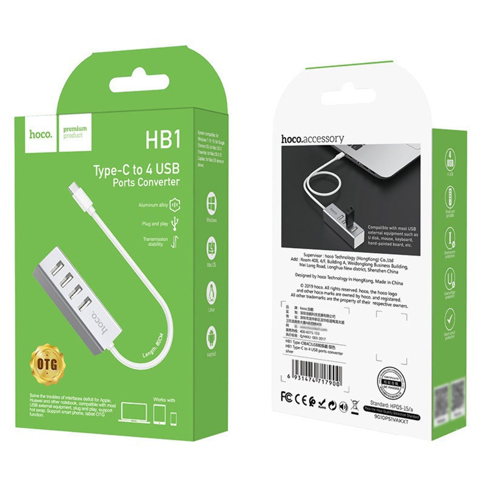 Мультиадаптер хаб Hoco HB1 4в1 Type-C to 4 USB 2.0 (F) 0.8m