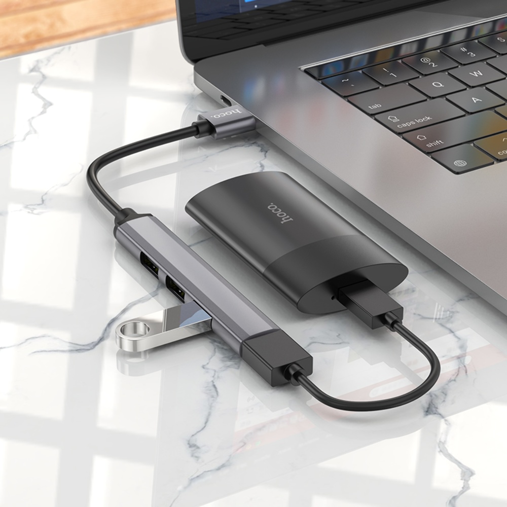Мультиадаптер хаб Hoco HB26 4в1 USB to USB 3.0 (F)/ 3 USB 2.0 (F) 0.13m темно-серебристый