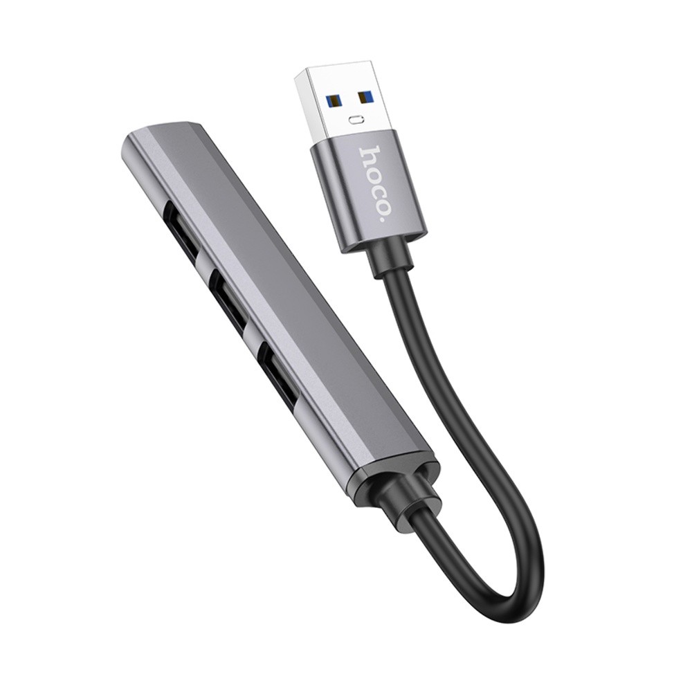 Мультиадаптер хаб Hoco HB26 4в1 USB to USB 3.0 (F)/ 3 USB 2.0 (F) 0.13m темно-серебристый