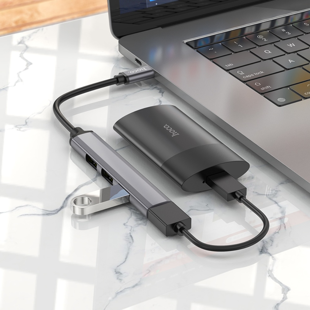 Мультиадаптер хаб Hoco HB26 4в1 Type-C to USB 3.0 (F)/ 3 USB 2.0 (F) 0.13m темно-серебристый