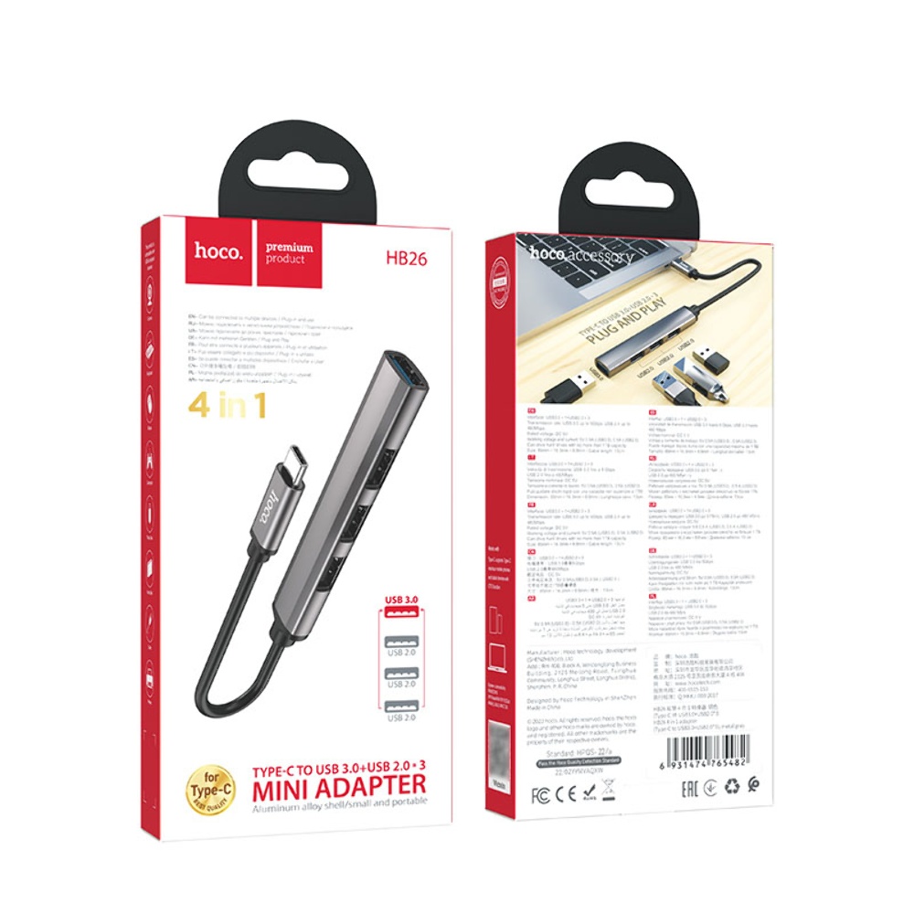 Мультиадаптер хаб Hoco HB26 4в1 Type-C to USB 3.0 (F)/ 3 USB 2.0 (F) 0.13m темно-серебристый