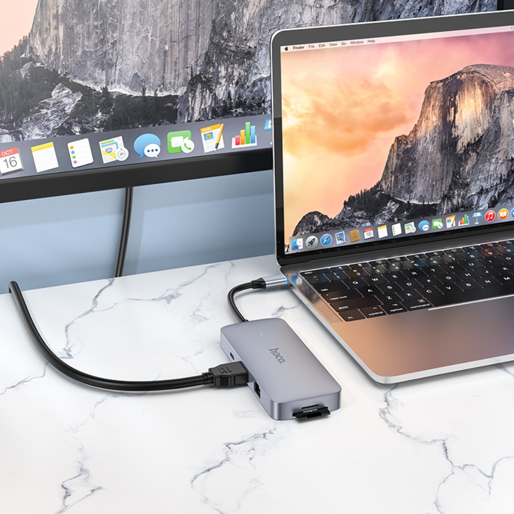 Мультиадаптер хаб Hoco HB32 8в1 Type-C to USB 3.0/ 2 USB 2.0/ Type-C/ HDMI/ RJ45/ SD/ TF PD 100W 0.18m серый