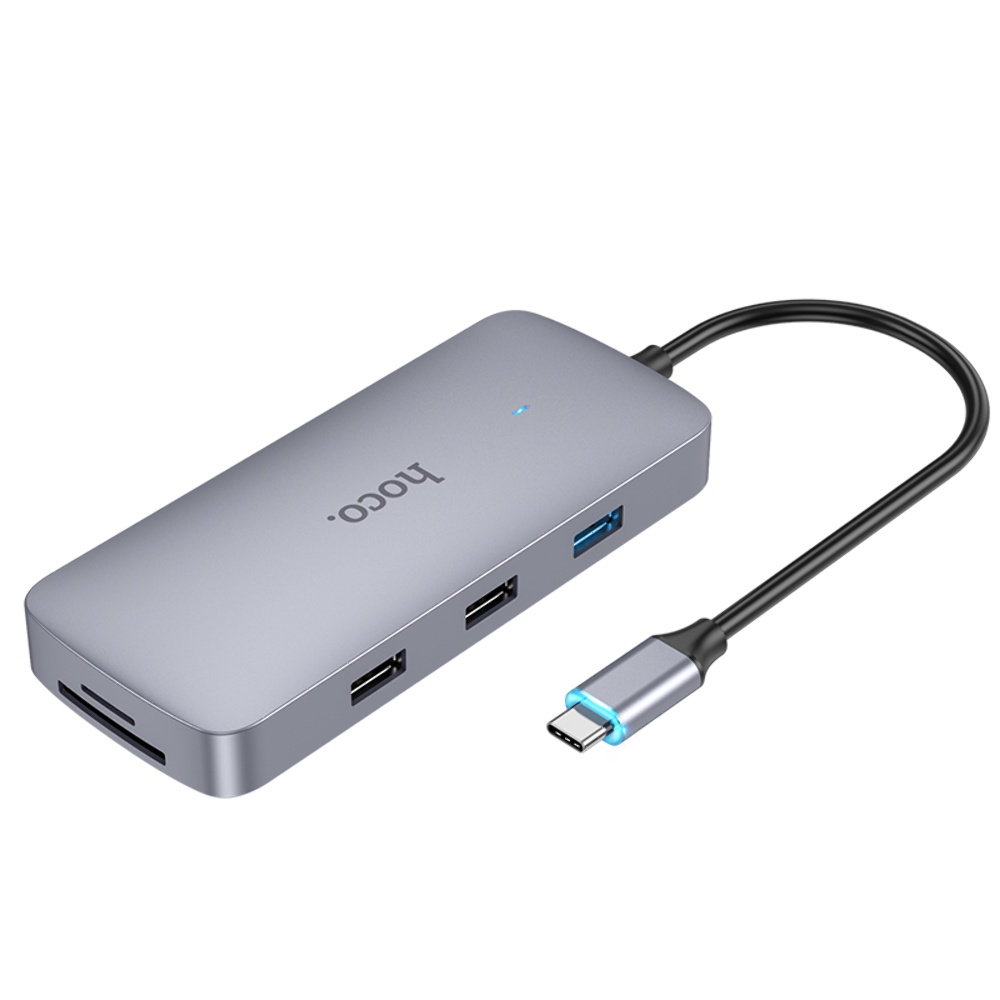 Мультиадаптер хаб Hoco HB32 8в1 Type-C to USB 3.0/ 2 USB 2.0/ Type-C/ HDMI/ RJ45/ SD/ TF PD 100W 0.18m серый