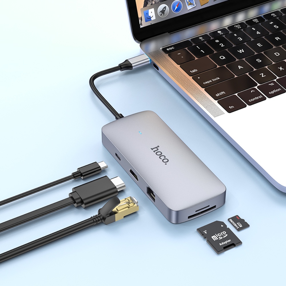 Мультиадаптер хаб Hoco HB32 8в1 Type-C to USB 3.0/ 2 USB 2.0/ Type-C/ HDMI/ RJ45/ SD/ TF PD 100W 0.18m серый