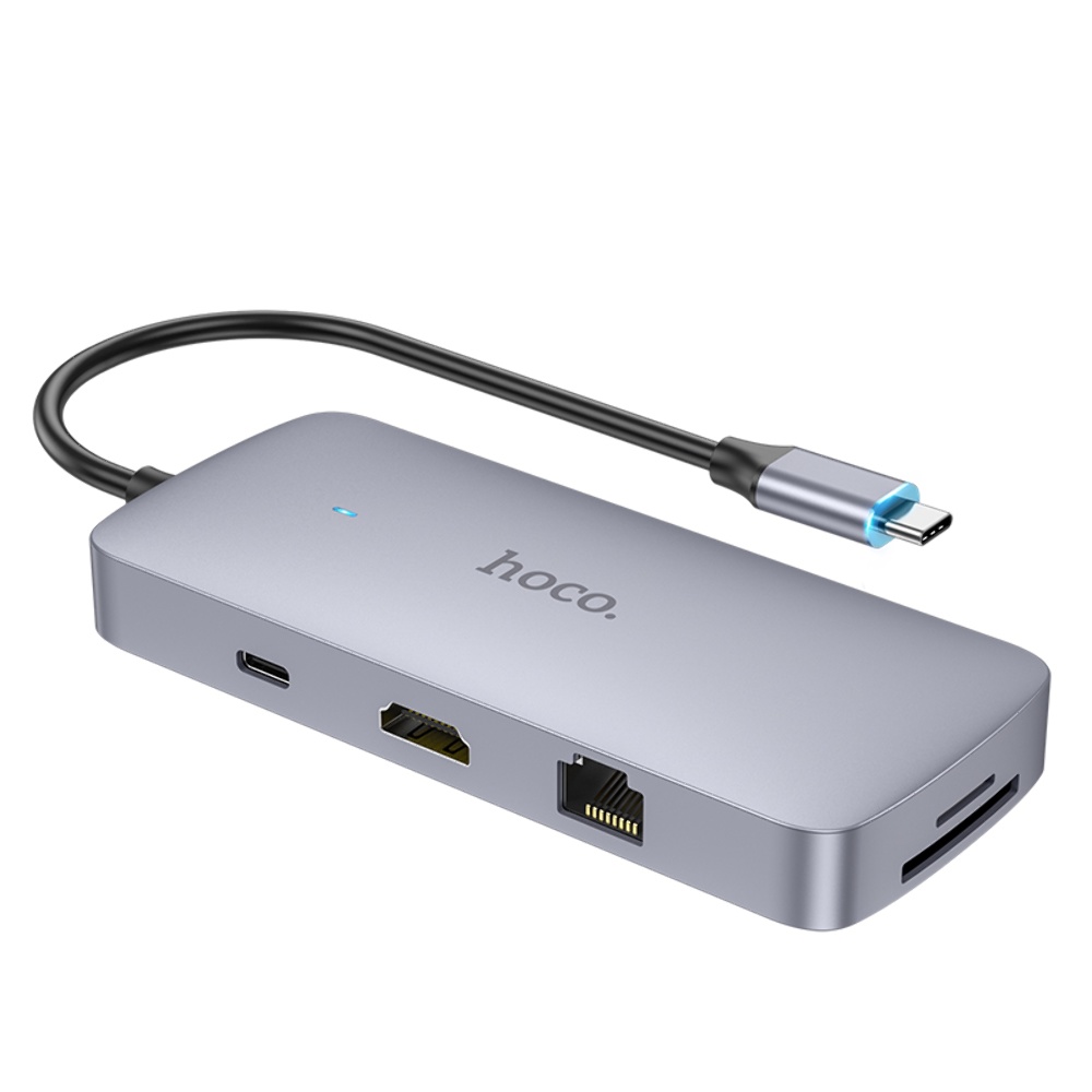 Мультиадаптер хаб Hoco HB32 8в1 Type-C to USB 3.0/ 2 USB 2.0/ Type-C/ HDMI/ RJ45/ SD/ TF PD 100W 0.18m серый
