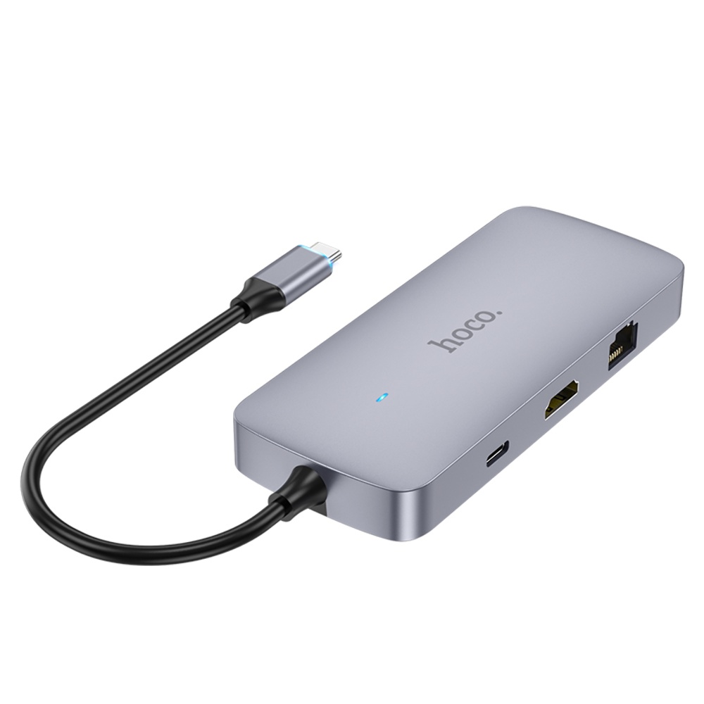 Мультиадаптер хаб Hoco HB32 8в1 Type-C to USB 3.0/ 2 USB 2.0/ Type-C/ HDMI/ RJ45/ SD/ TF PD 100W 0.18m серый