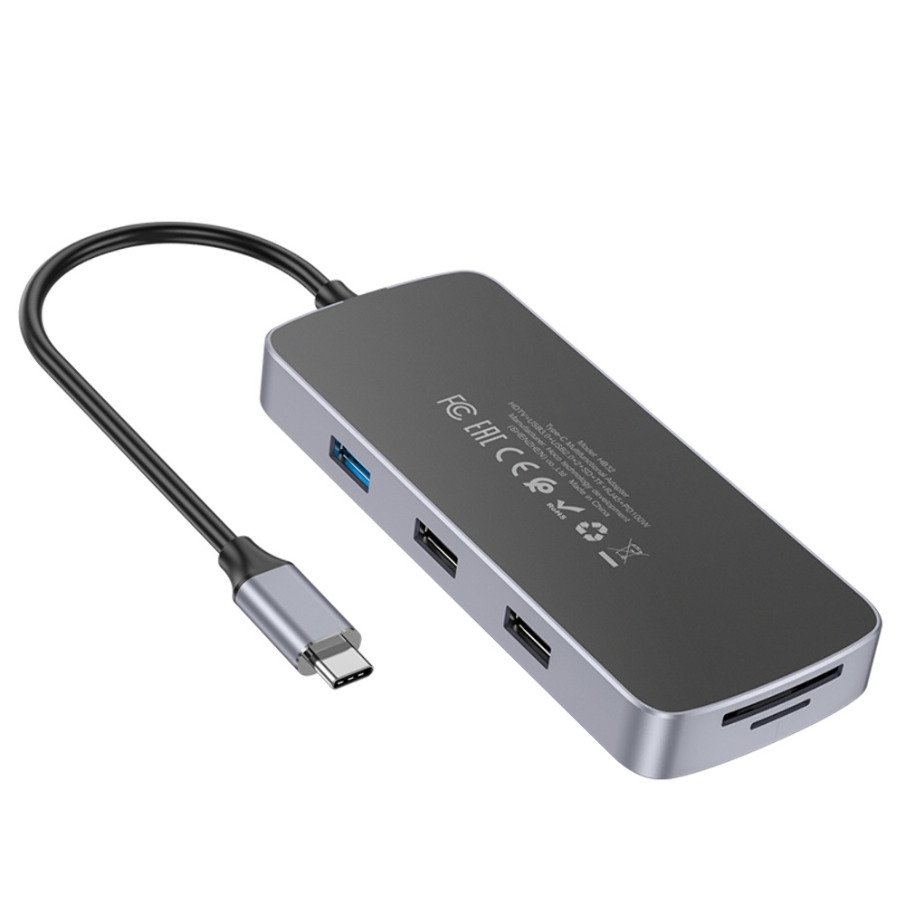 Мультиадаптер хаб Hoco HB32 8в1 Type-C to USB 3.0/ 2 USB 2.0/ Type-C/ HDMI/ RJ45/ SD/ TF PD 100W 0.18m серый