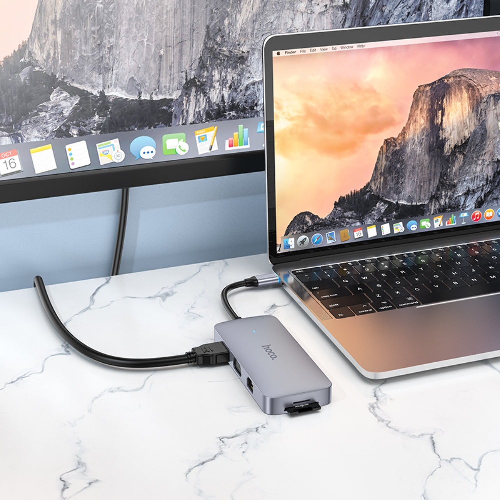 Мультиадаптер хаб Hoco HB33 10в1 Type-C to USB 3.0/ 2 USB 2.0/ Type-C/ HDMI/ VGA/ RJ45/ AUX/ SD/ TF PD 100W 0.18m серый