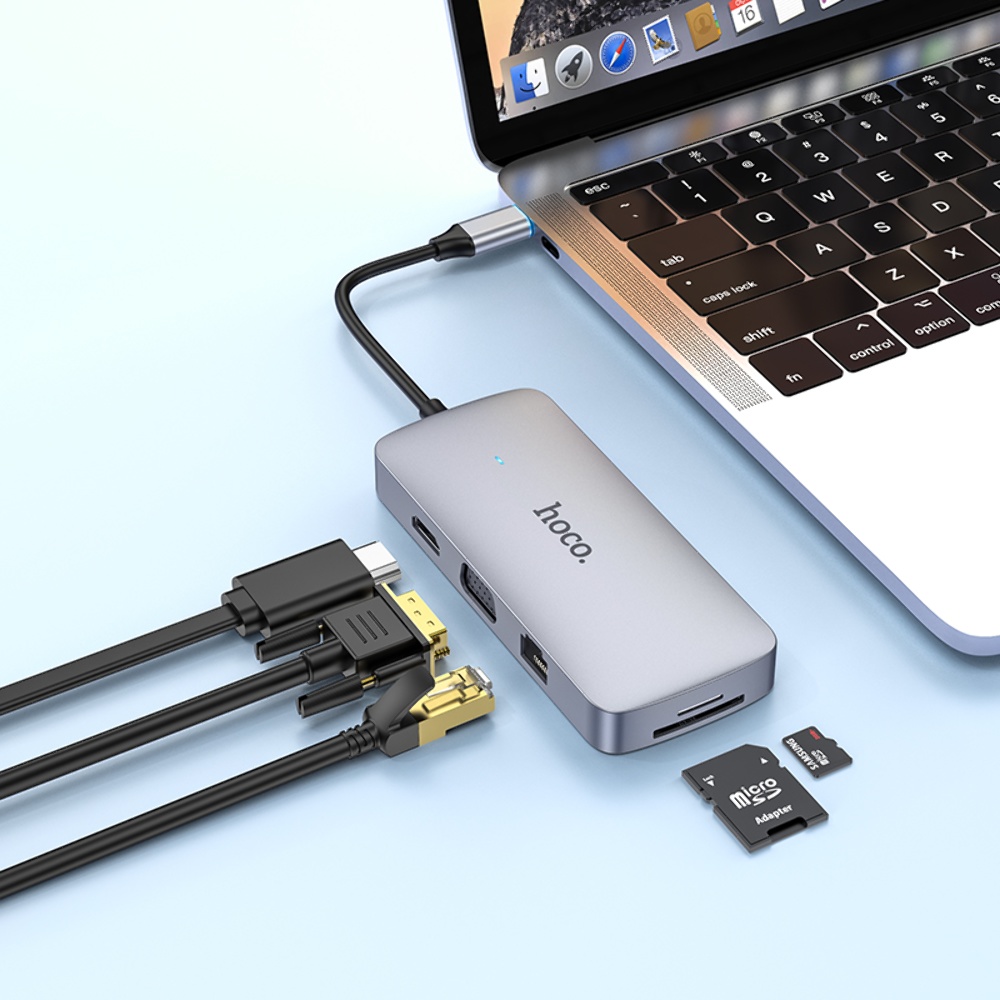 Мультиадаптер хаб Hoco HB33 10в1 Type-C to USB 3.0/ 2 USB 2.0/ Type-C/ HDMI/ VGA/ RJ45/ AUX/ SD/ TF PD 100W 0.18m серый