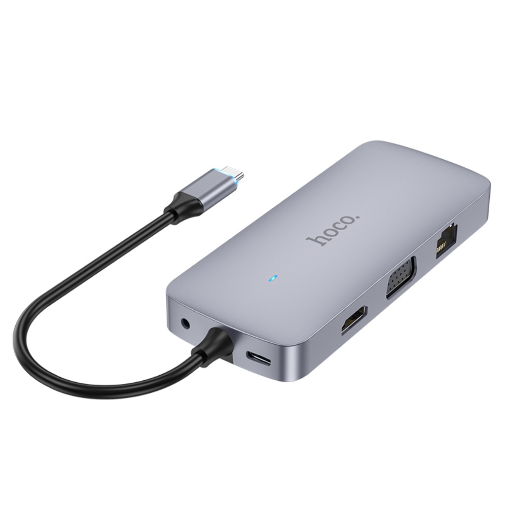Мультиадаптер хаб Hoco HB33 10в1 Type-C to USB 3.0/ 2 USB 2.0/ Type-C/ HDMI/ VGA/ RJ45/ AUX/ SD/ TF PD 100W 0.18m серый
