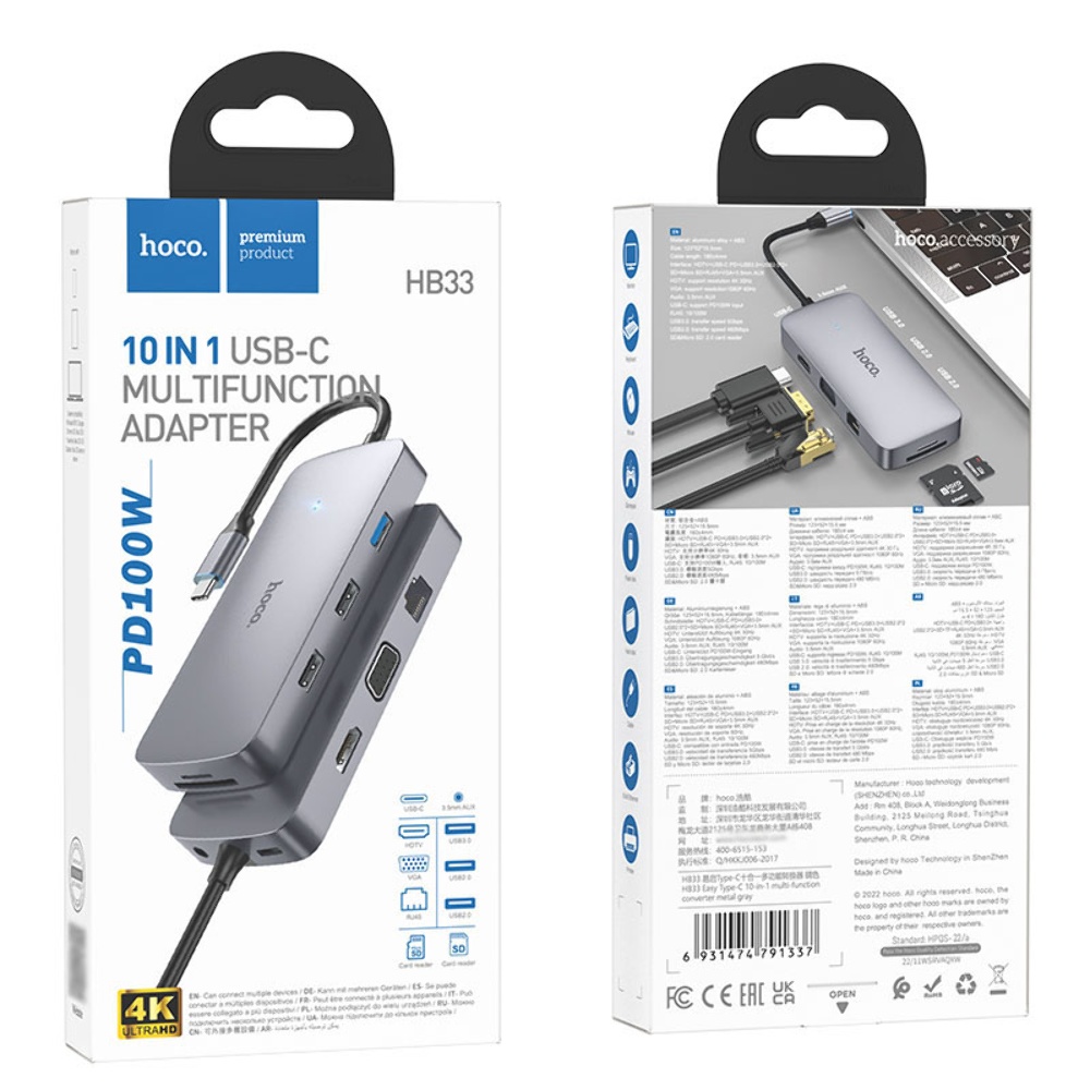 Мультиадаптер хаб Hoco HB33 10в1 Type-C to USB 3.0/ 2 USB 2.0/ Type-C/ HDMI/ VGA/ RJ45/ AUX/ SD/ TF PD 100W 0.18m серый