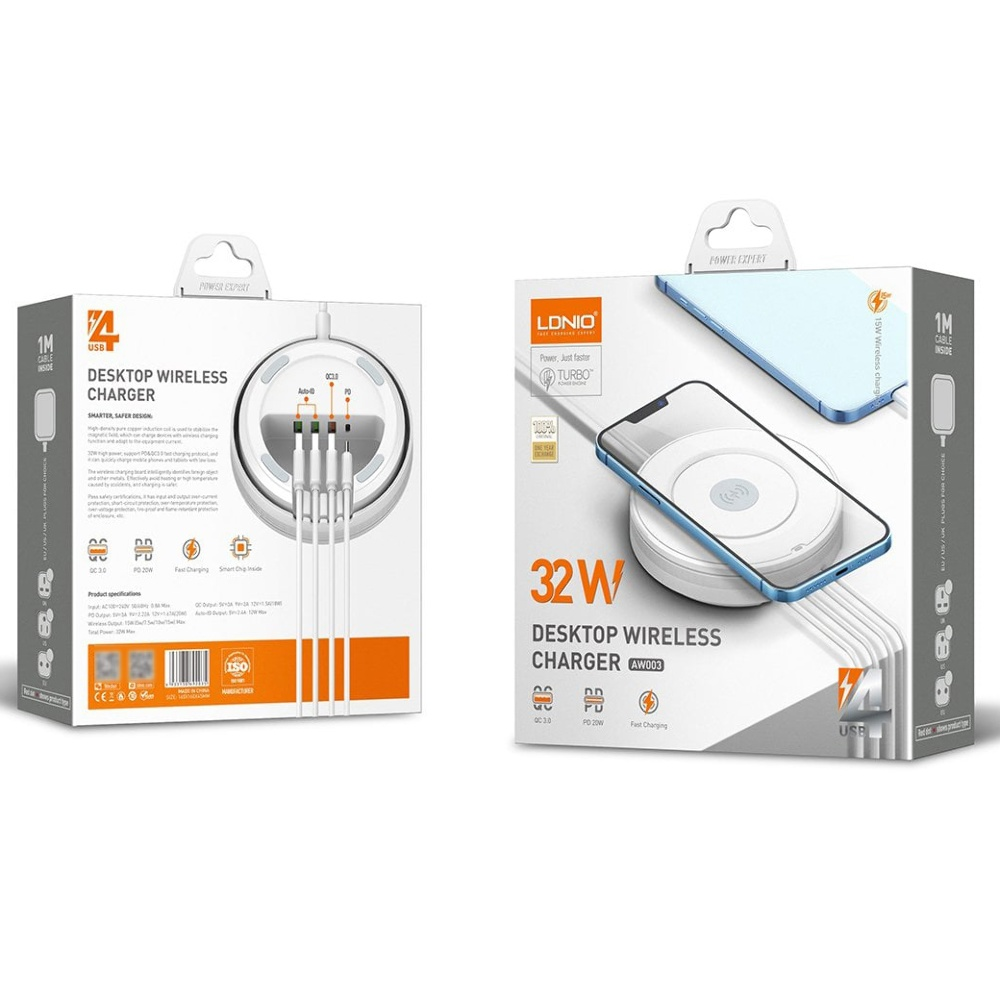 Беспроводное зарядное устройство Ldnio AW003 3 USB/ Type-C QC PD 32W белое