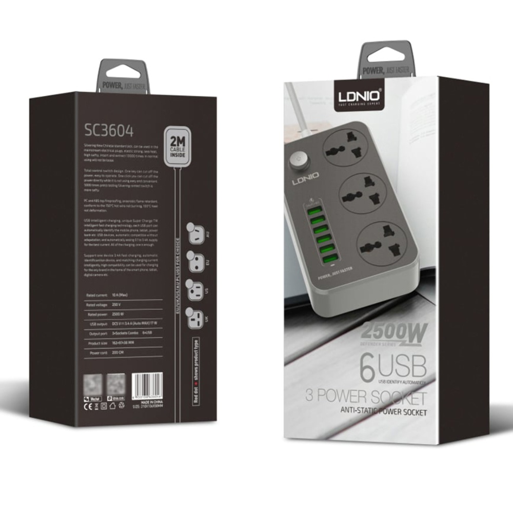 Сетевое зарядное устройство удлинитель Ldnio SC3604 6 USB 3 розетки 2m серо-черный